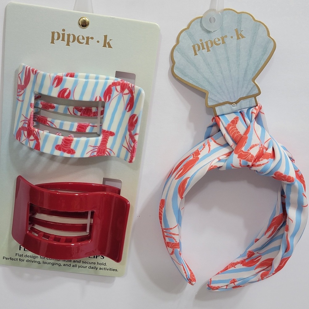 Piper K Lobster Striped  Headband & 2 Flat Lay Hair Clip Nautical Coastal‎ Beach